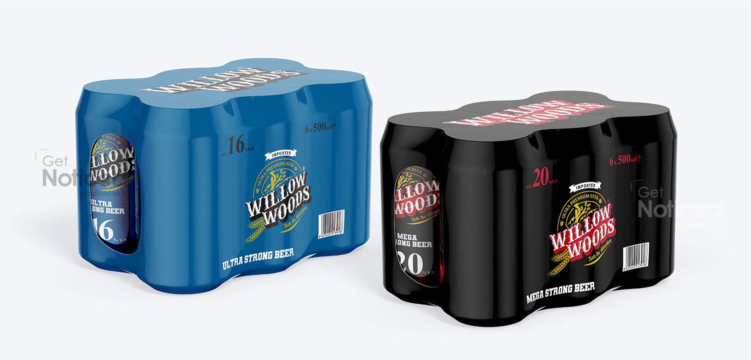 Beer shrink wrap packaging design for Willow Woods with strong visual identity and retail appeal