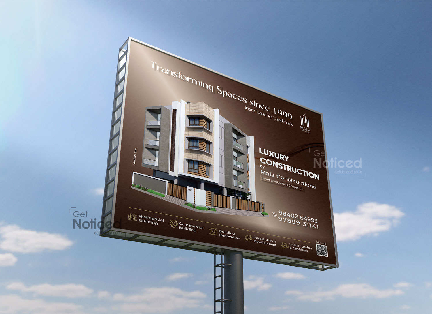Outdoor advertisement design for MALA Constructions highlighting property offerings