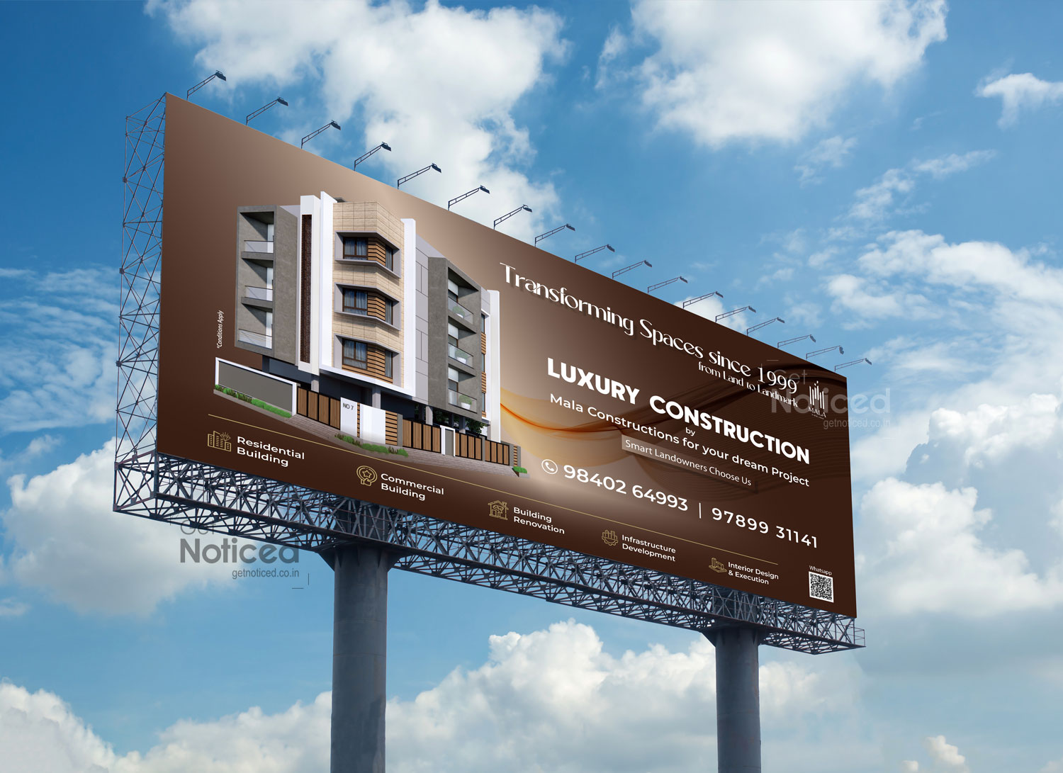 Billboard design for MALA Constructions showcasing real estate project promotions