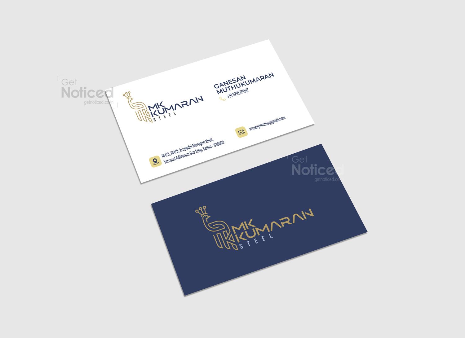 Professional brand identity design for MK Kumaran Steel with envelope, card, and letterhead.
