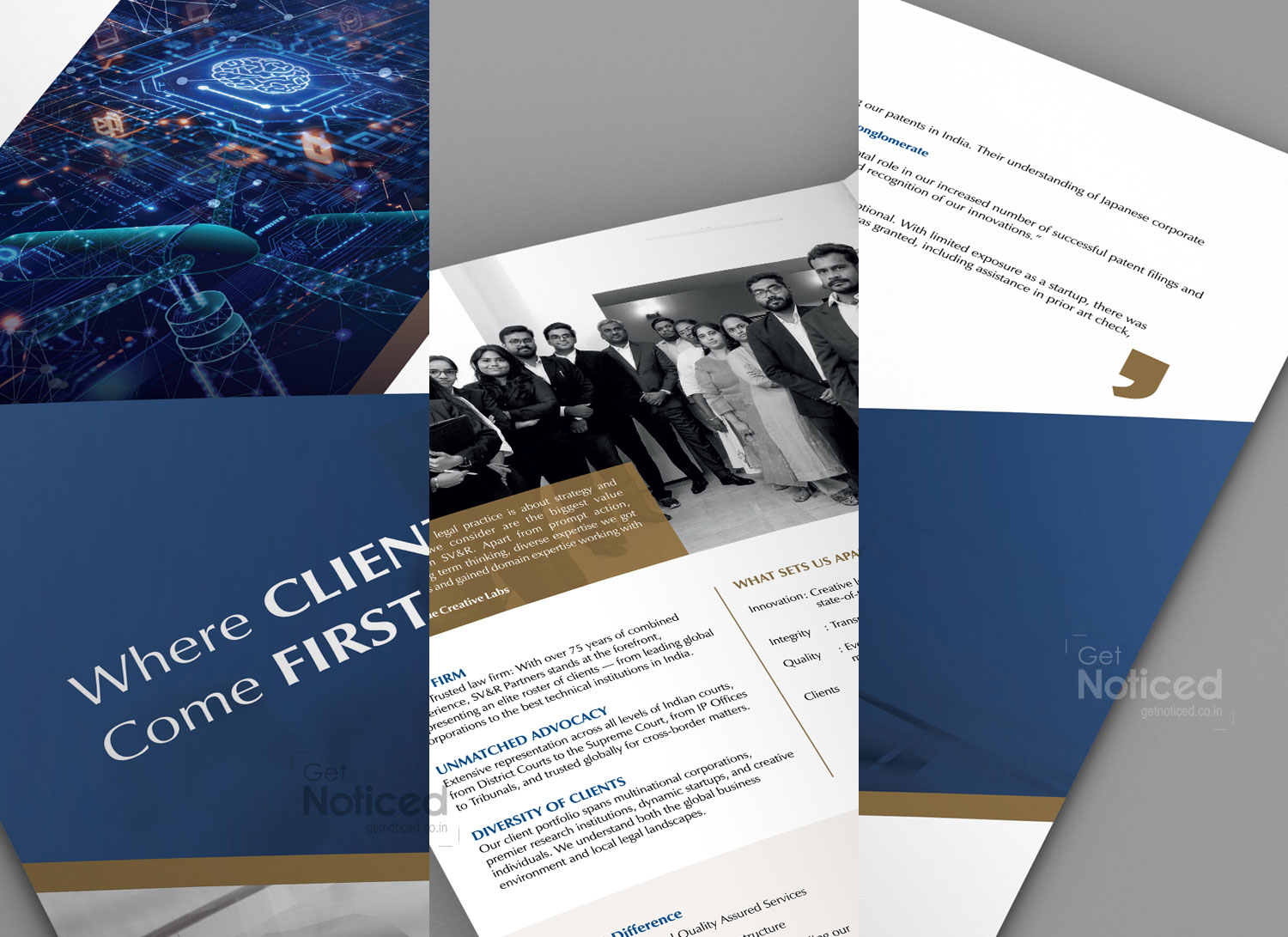 Brochure design showcasing 75+ years combined experience of SV&R Partners law firm