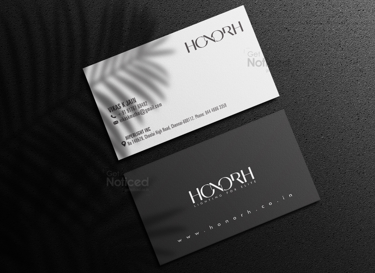 Honorh LED lighting brand identity with professional card and letterhead stationery design.