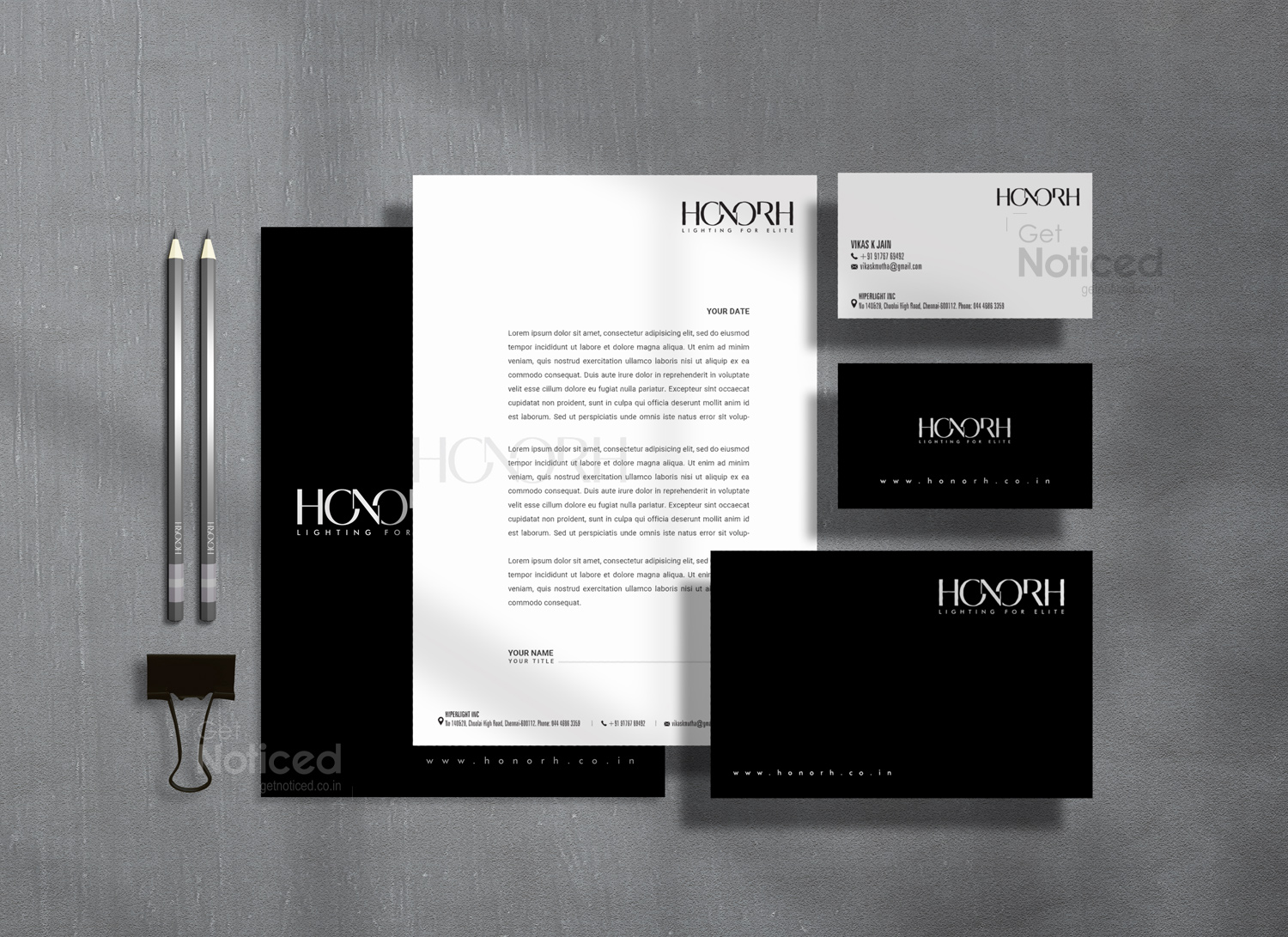Business stationery design for Honorh LED brand with elegant letterhead and business card layout.