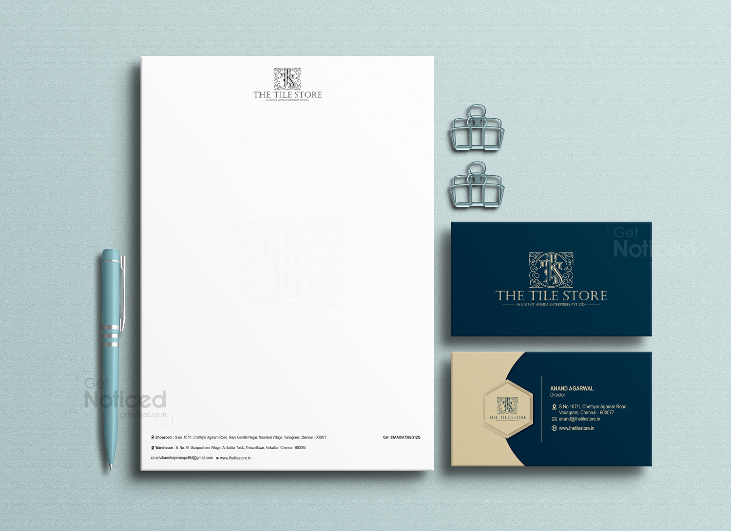 Business stationery design for The Tile Store with letterhead and card for showroom brand identity.