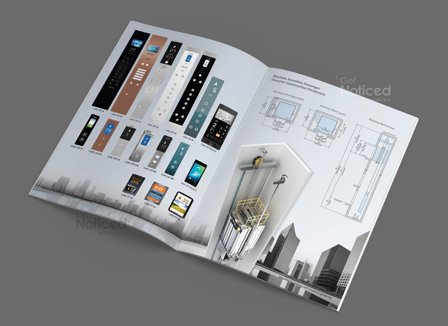 Catalogue design featuring Luxe Elevator product details with modern layouts and visuals