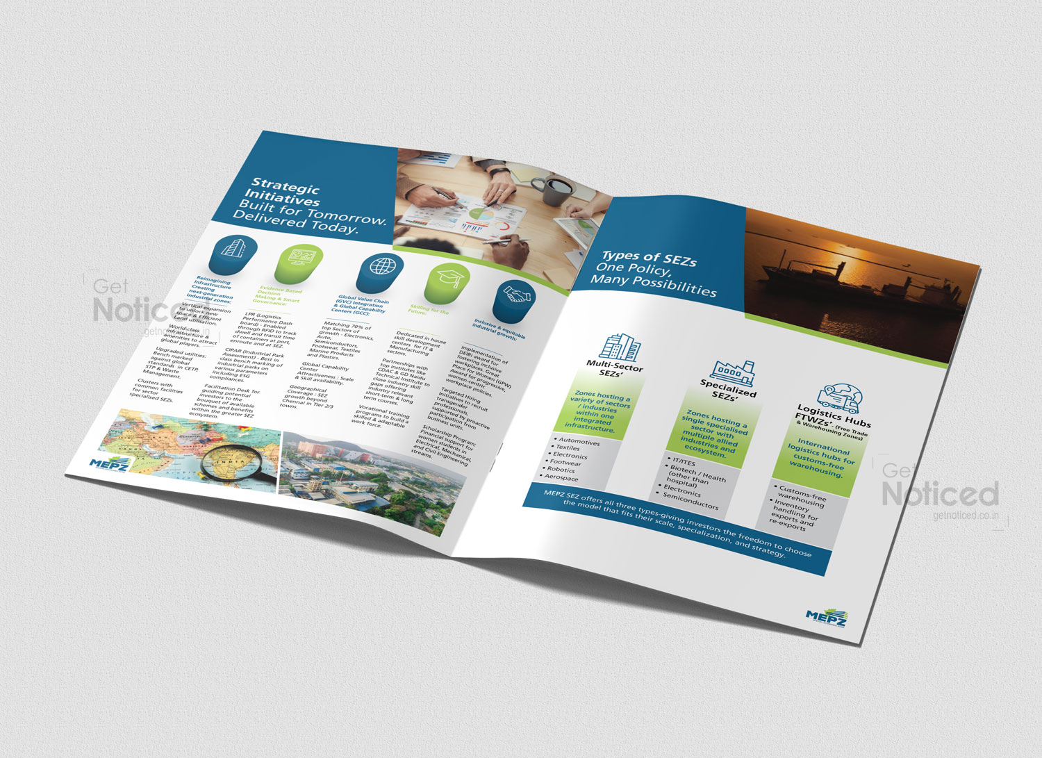 Company profile brochure designed for MEPZ with modern visuals and informative content flow