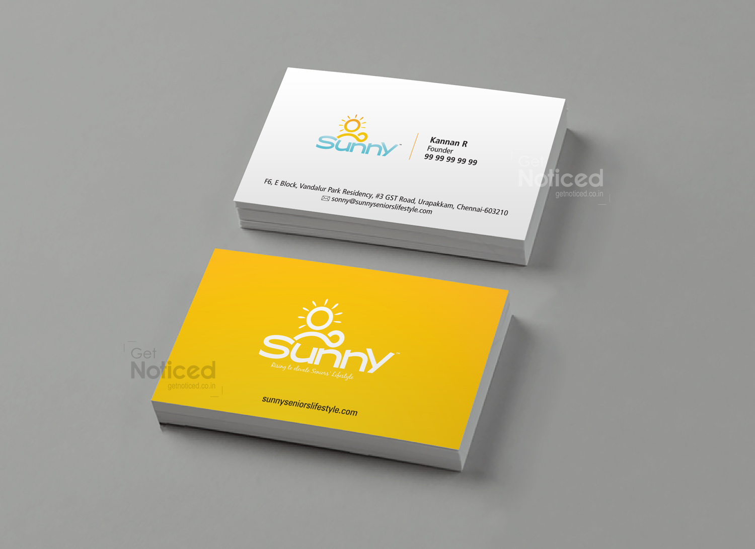 Complete business stationery design set for Sunny Senior Citizen Care brand identity