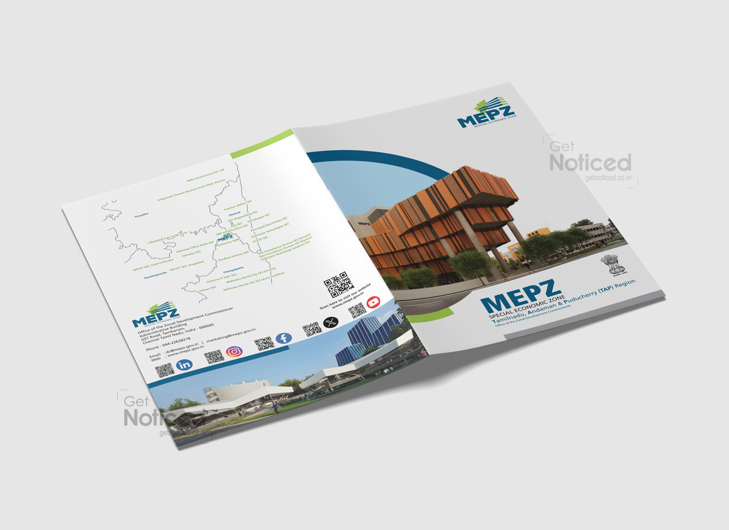 Corporate brochure design for MEPZ showcasing facilities across Tamil Nadu, Andaman & Puducherry