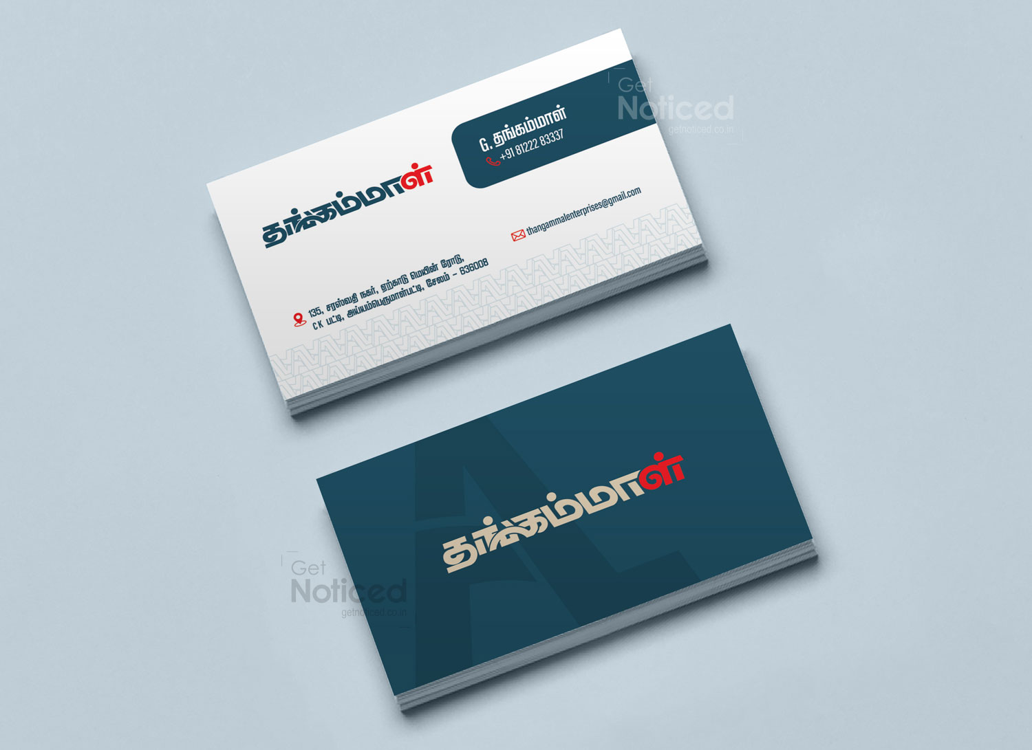Corporate identity design showcasing Thangammal letterhead, envelope, and visiting card