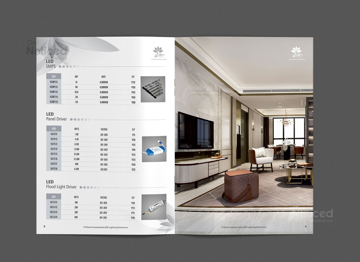 Creative catalogue design for V Glow Lighting showcasing energy-efficient LED innovations