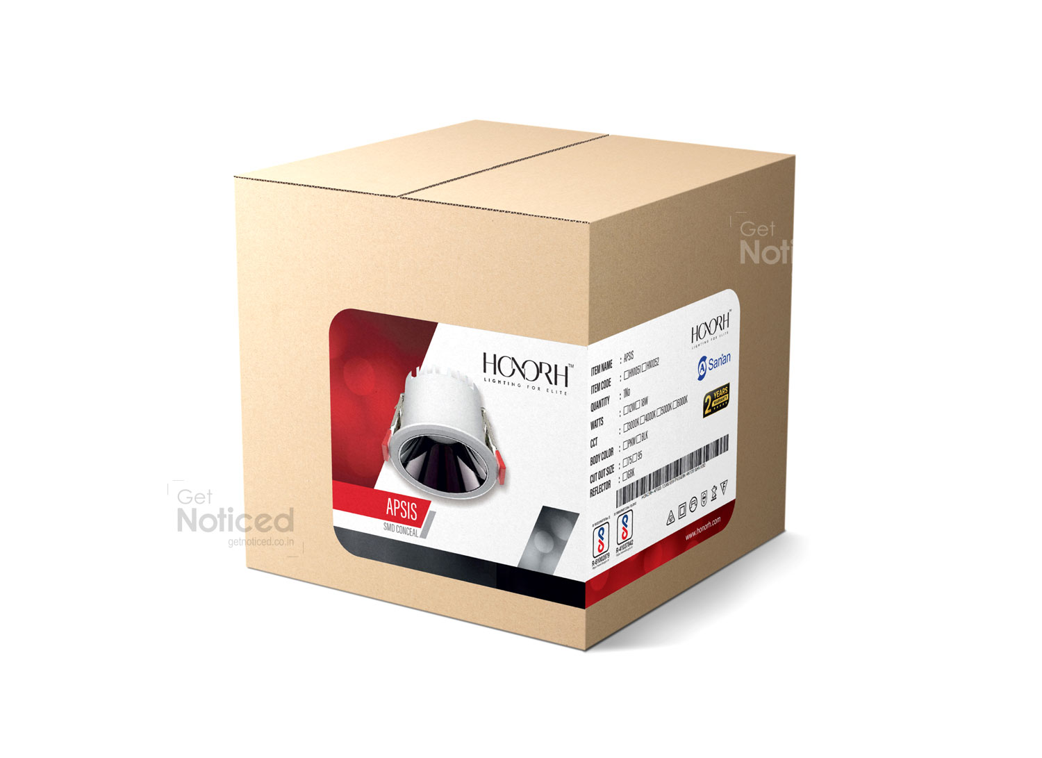 Creative product packaging design for HONORH LED range with cost-saving sticker labels