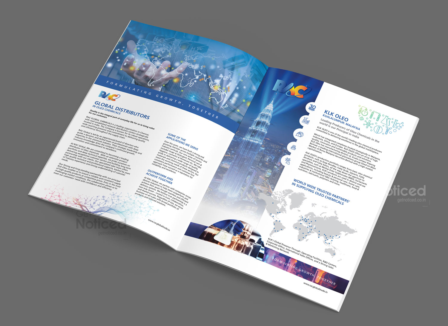Custom 8-page company profile brochure highlighting RAC Global Chemicals expertise and vision