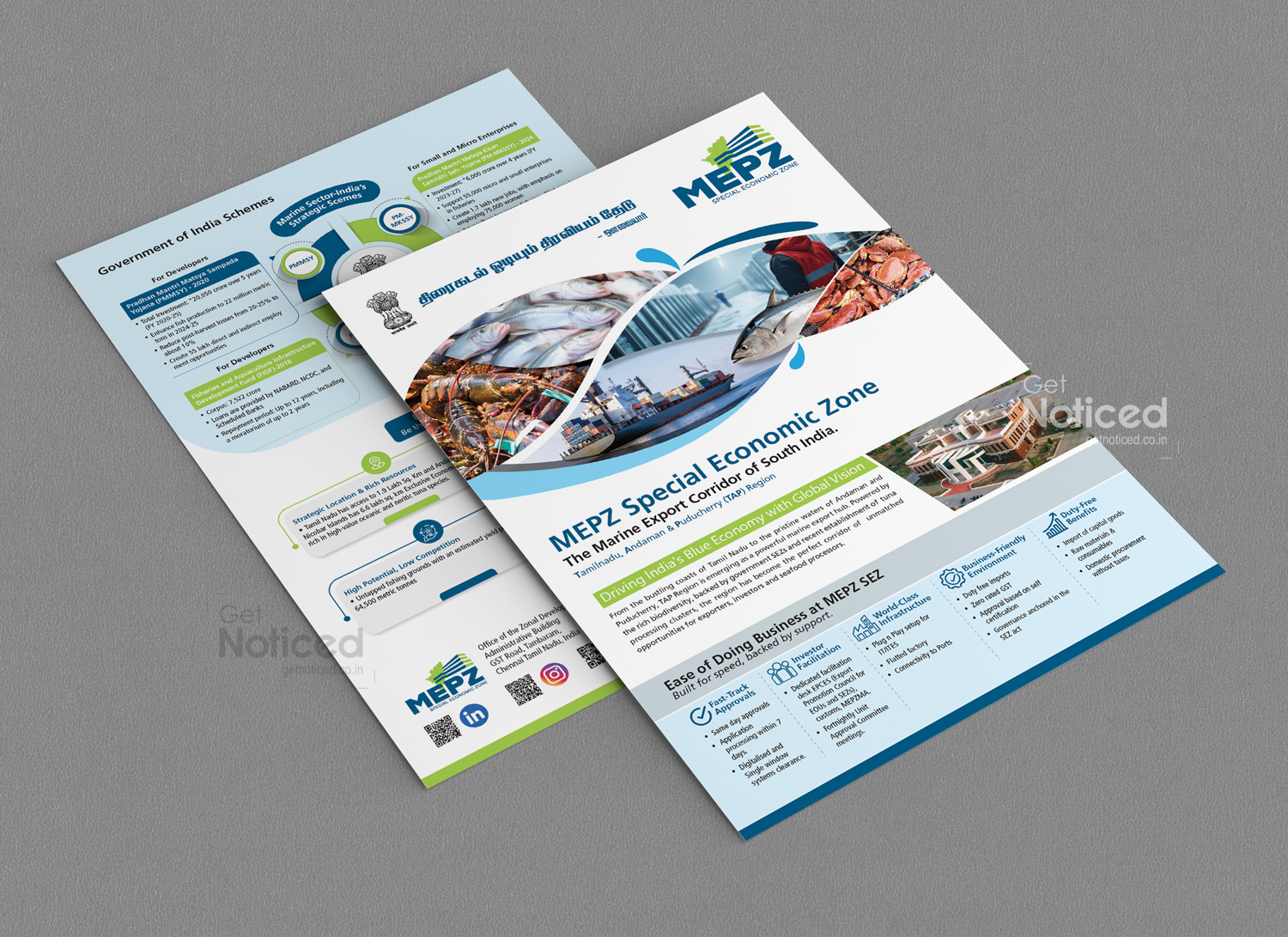 Custom A4 flyer design for MEPZ marine export facilities by Get Noticed Creative Studio
