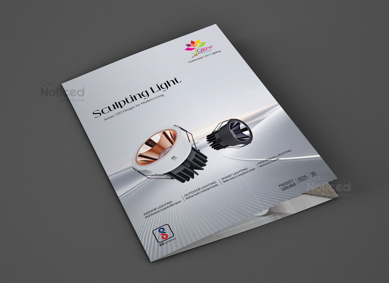 Custom LED product catalogue design for V Glow Lighting showcasing latest lighting solutions