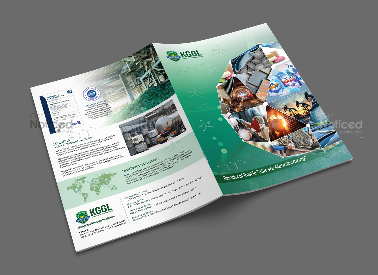 Custom product catalogue design for Kiran Global Geo Chemical showcasing eco-friendly silicates
