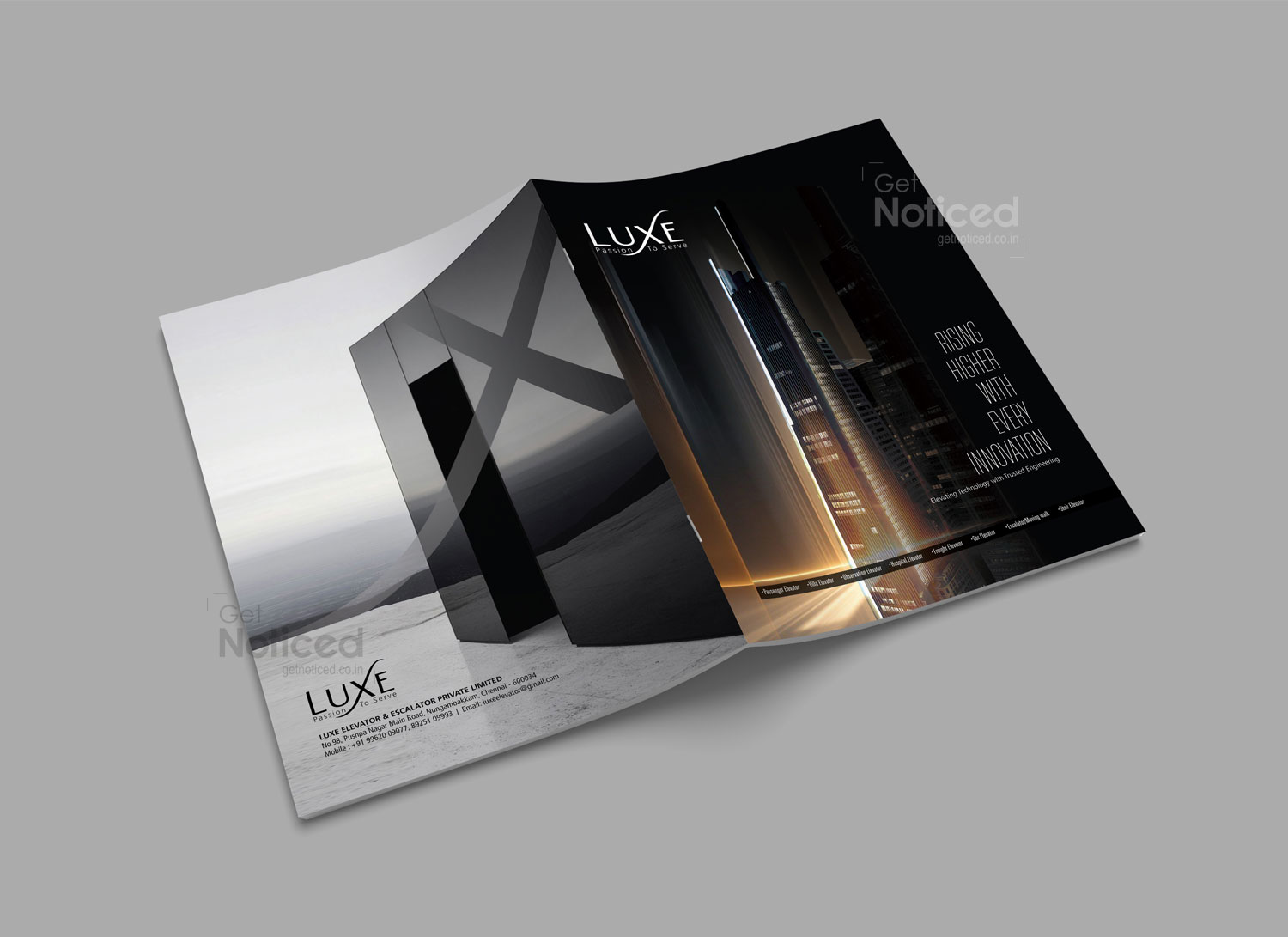 Custom product catalogue design for Luxe Elevator & Escalator showcasing services across India