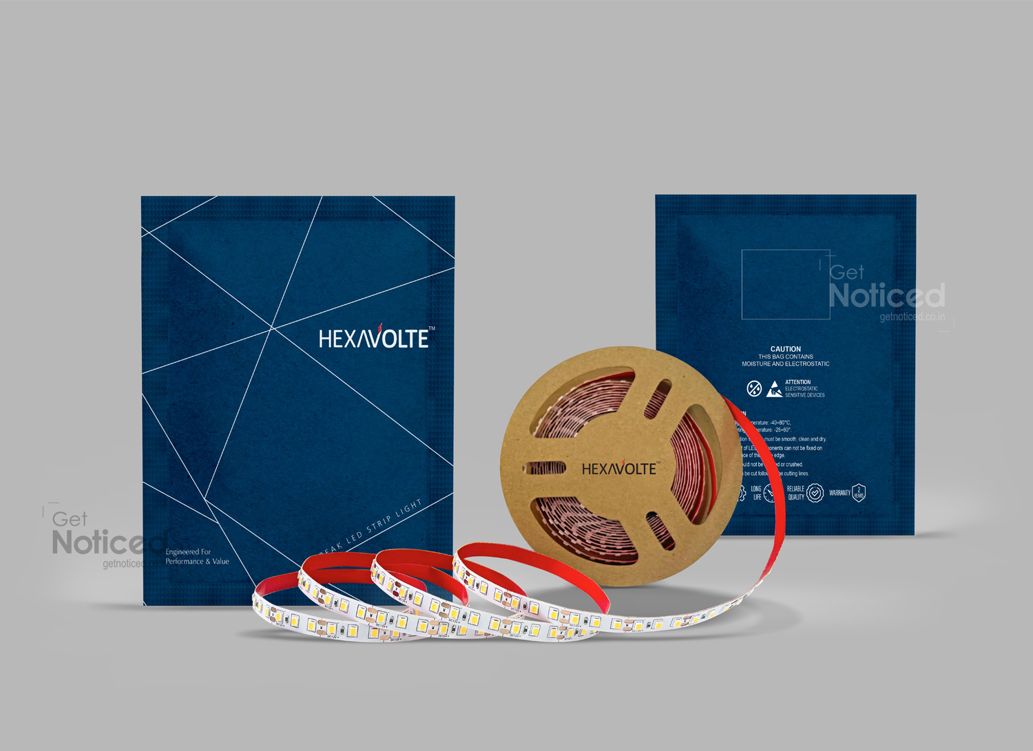 Innovative product packaging design for HEXAVOLTE LED Strip Lite with pouch and LED strip display