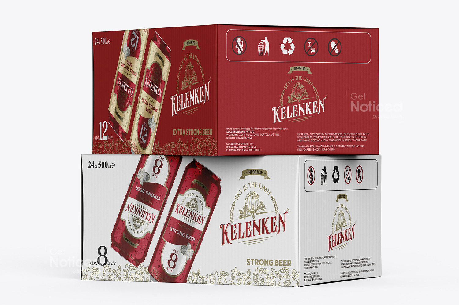 Kelenken carton box packaging design for 24x500ml beer cans with bold branded presentation