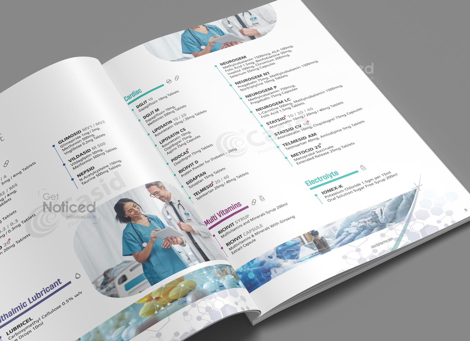 Medical brochure design showing clean typography and dosage presentation