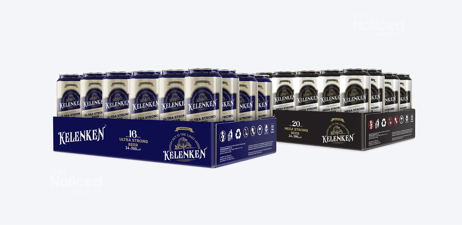 Open tray packaging design for Kelenken brewery cans with strong product visibility and branding