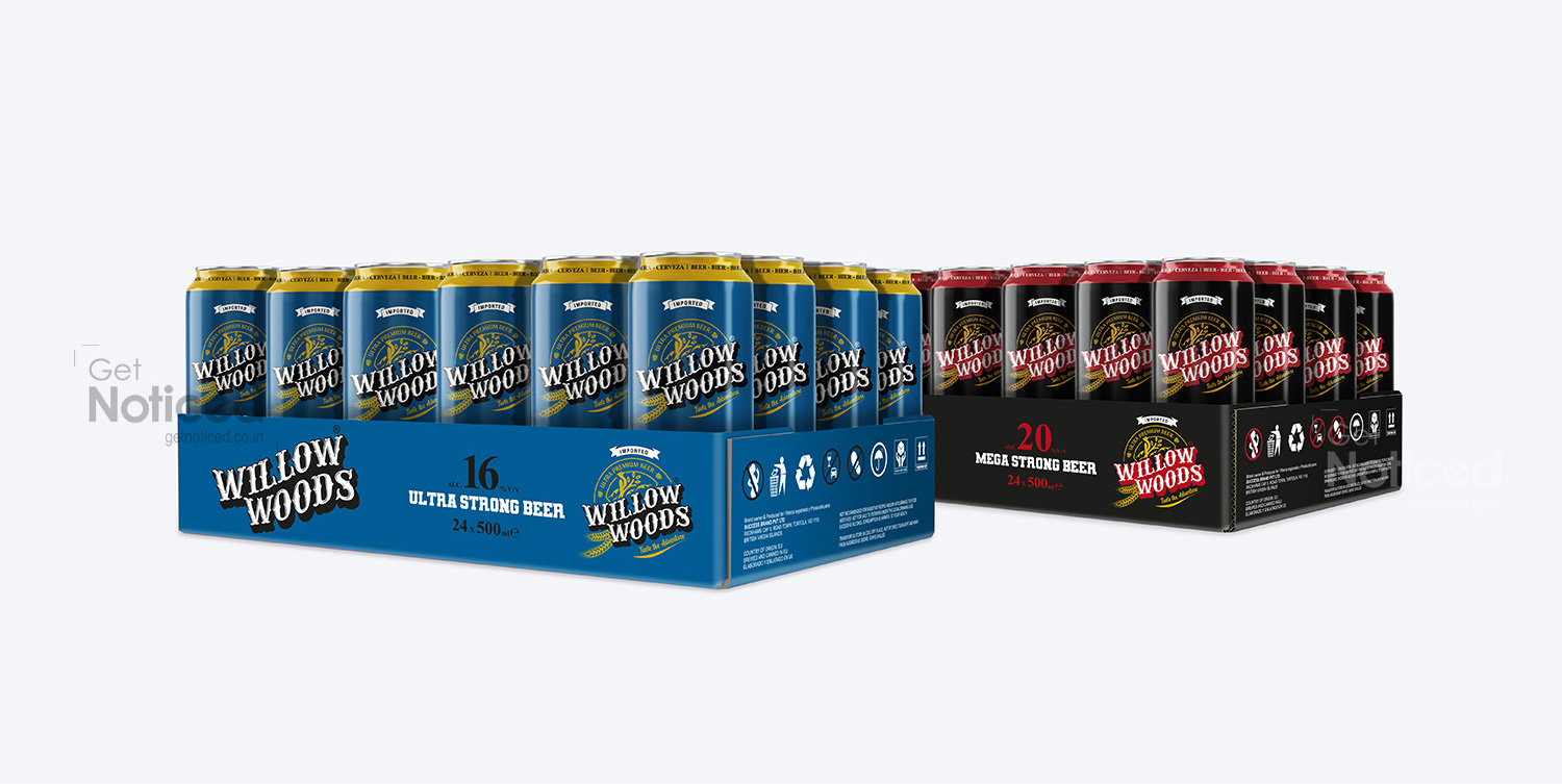 Open tray packaging design for Willow Woods brewery cans with strong product visibility and branding