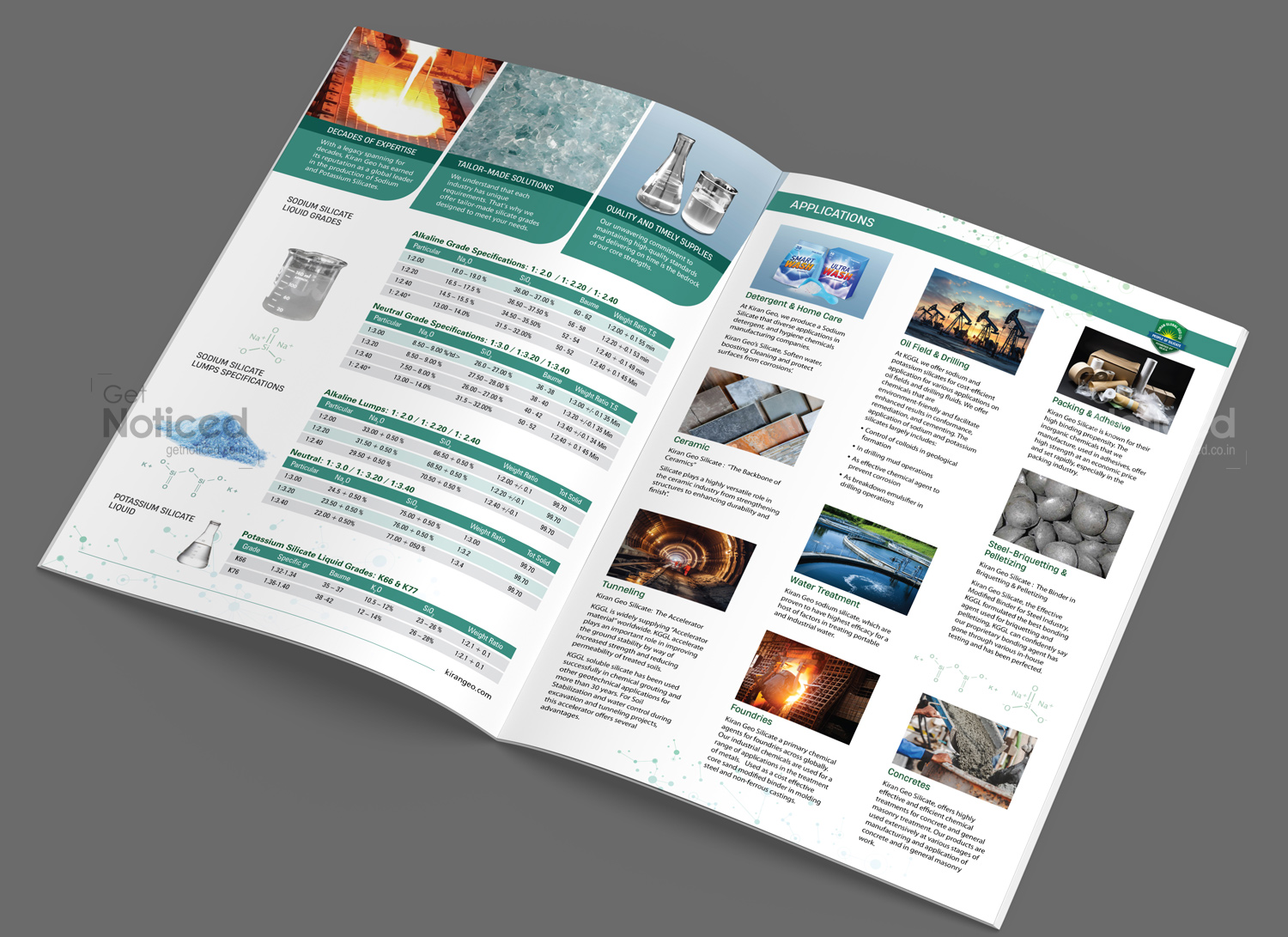Professional 4-page catalogue brochure designed for silicate product promotion and marketing
