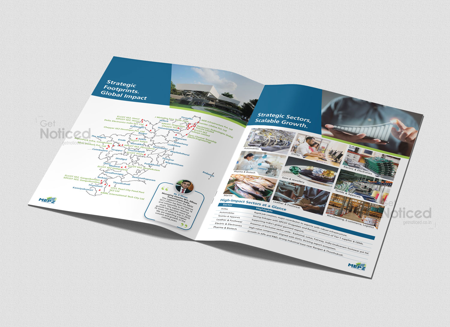 Professional A4 brochure design created for MEPZ to attract global investors and stakeholders