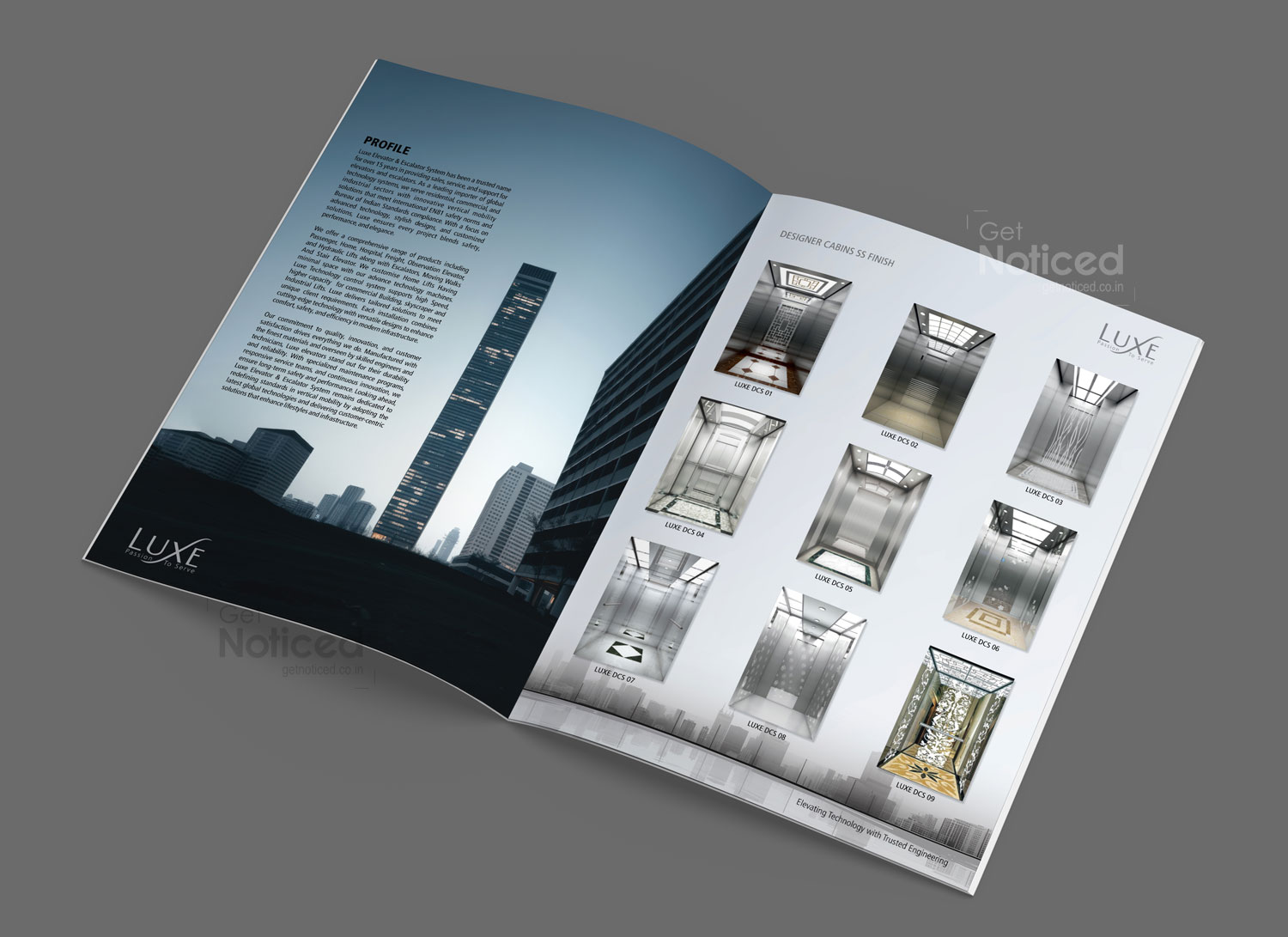 Professional A4 catalogue brochure designed for Luxe Elevator system sales and support