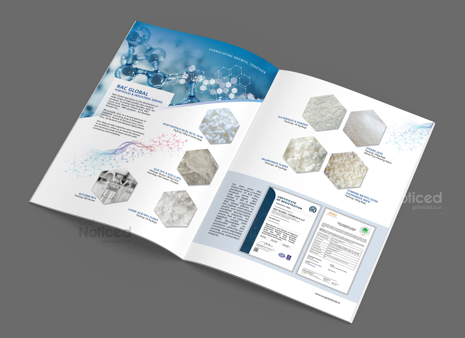 Professional A4 corporate brochure showcasing RAC Global Chemicals product range and services