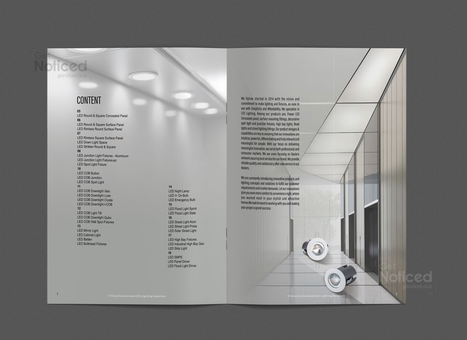 Professional A4 product catalogue with detailed LED lighting product photography and specs
