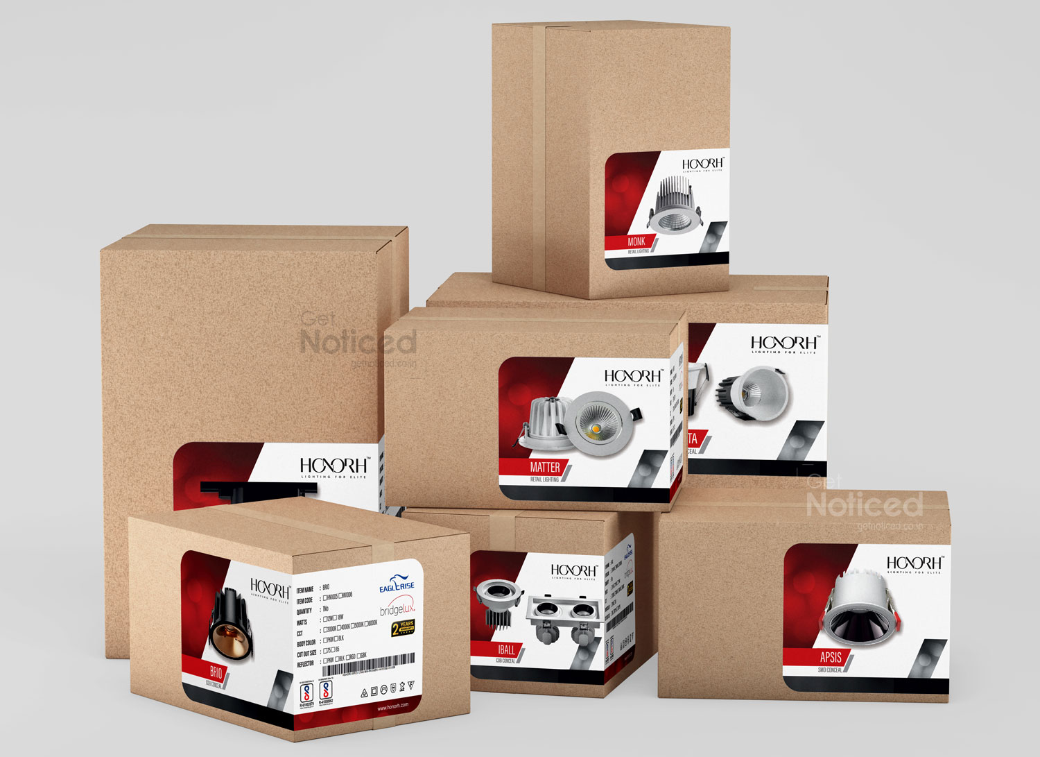 Professional packaging design showcasing HONORH LED lights with modern layout solutions