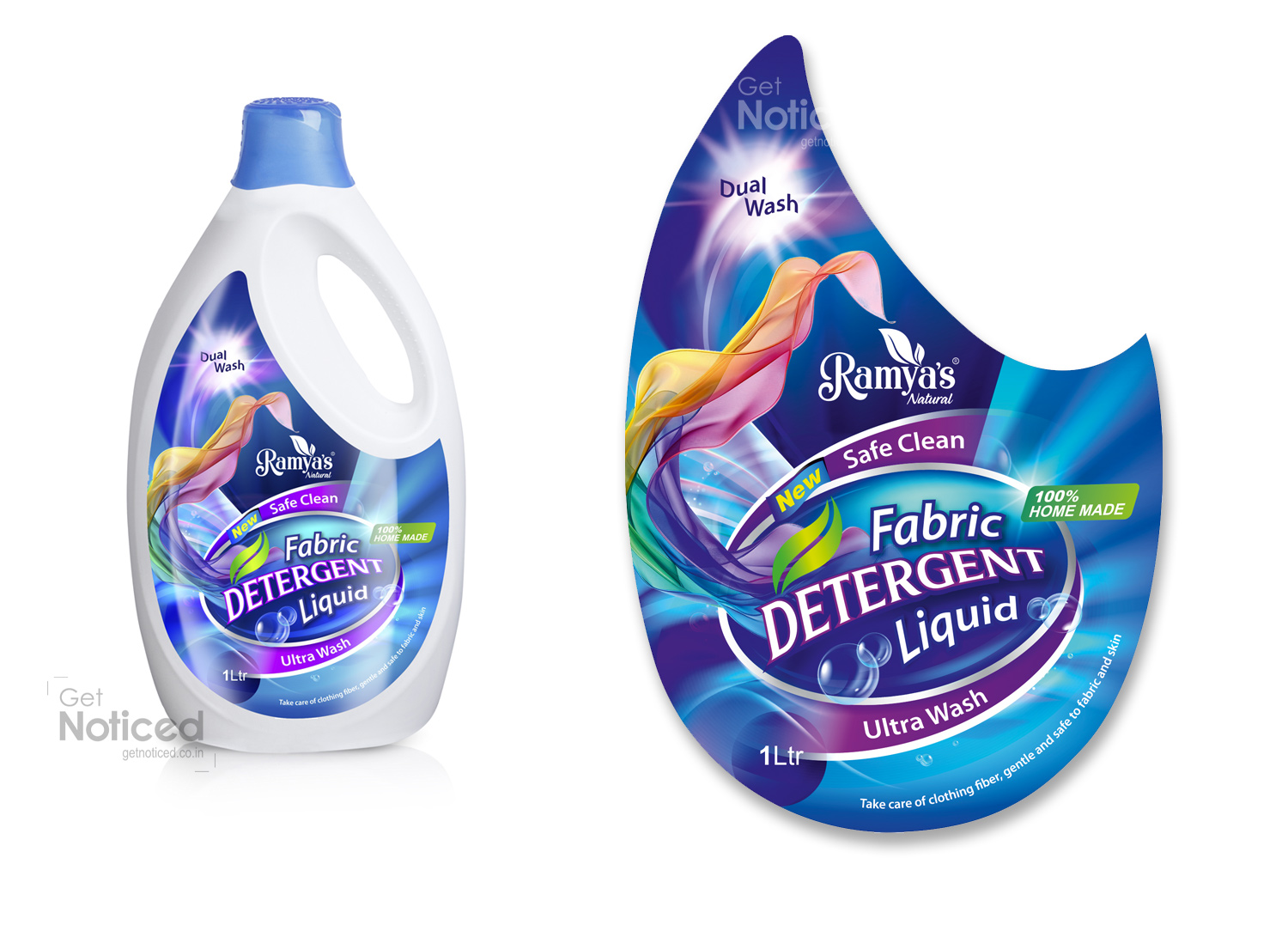 Ramya's fabric detergent bottle label packaging design