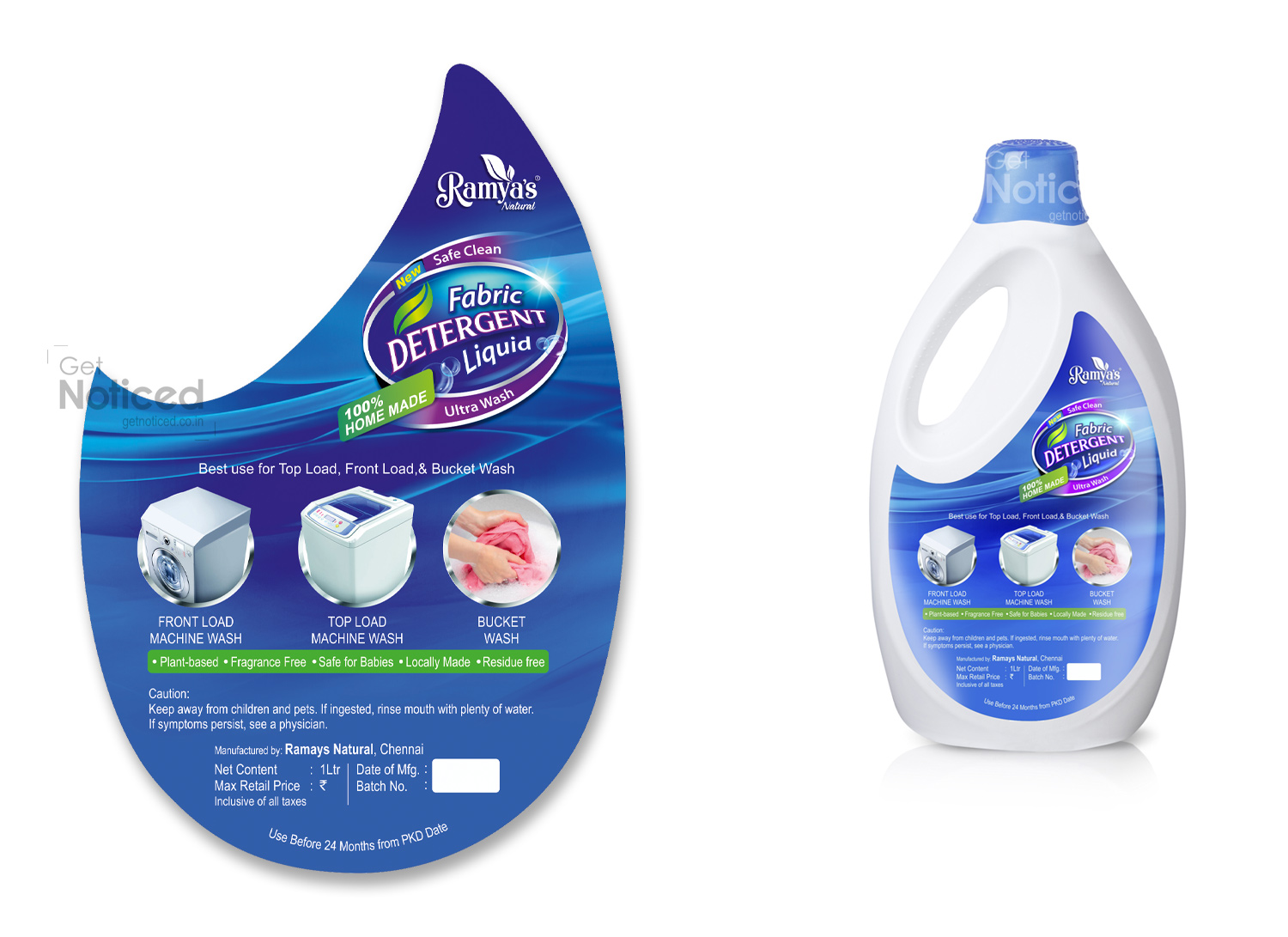 Ramya's fabric detergent bottle label packaging design