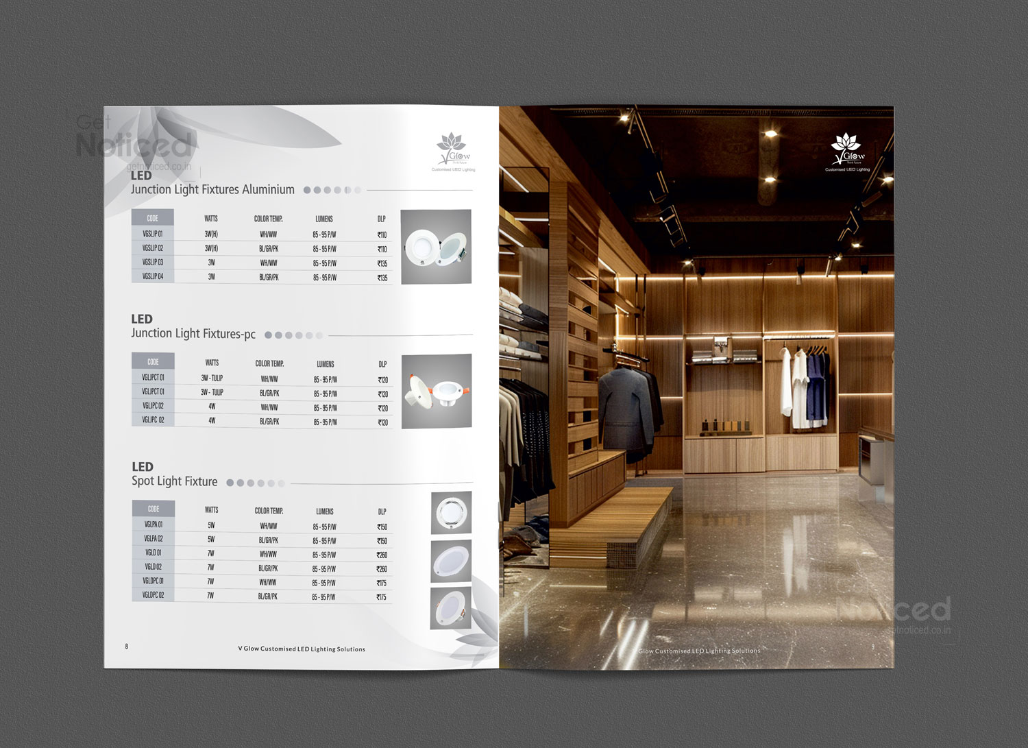 Sleek LED product brochure with high-quality photos and clear technical specifications