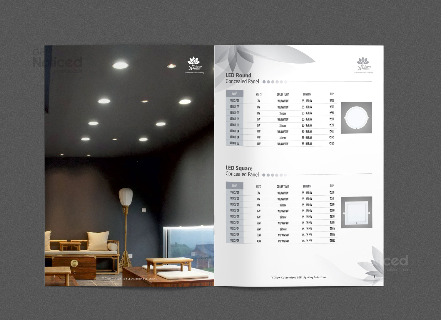Unique 20-page LED lighting catalogue designed for V Glow with modern layout and visuals
