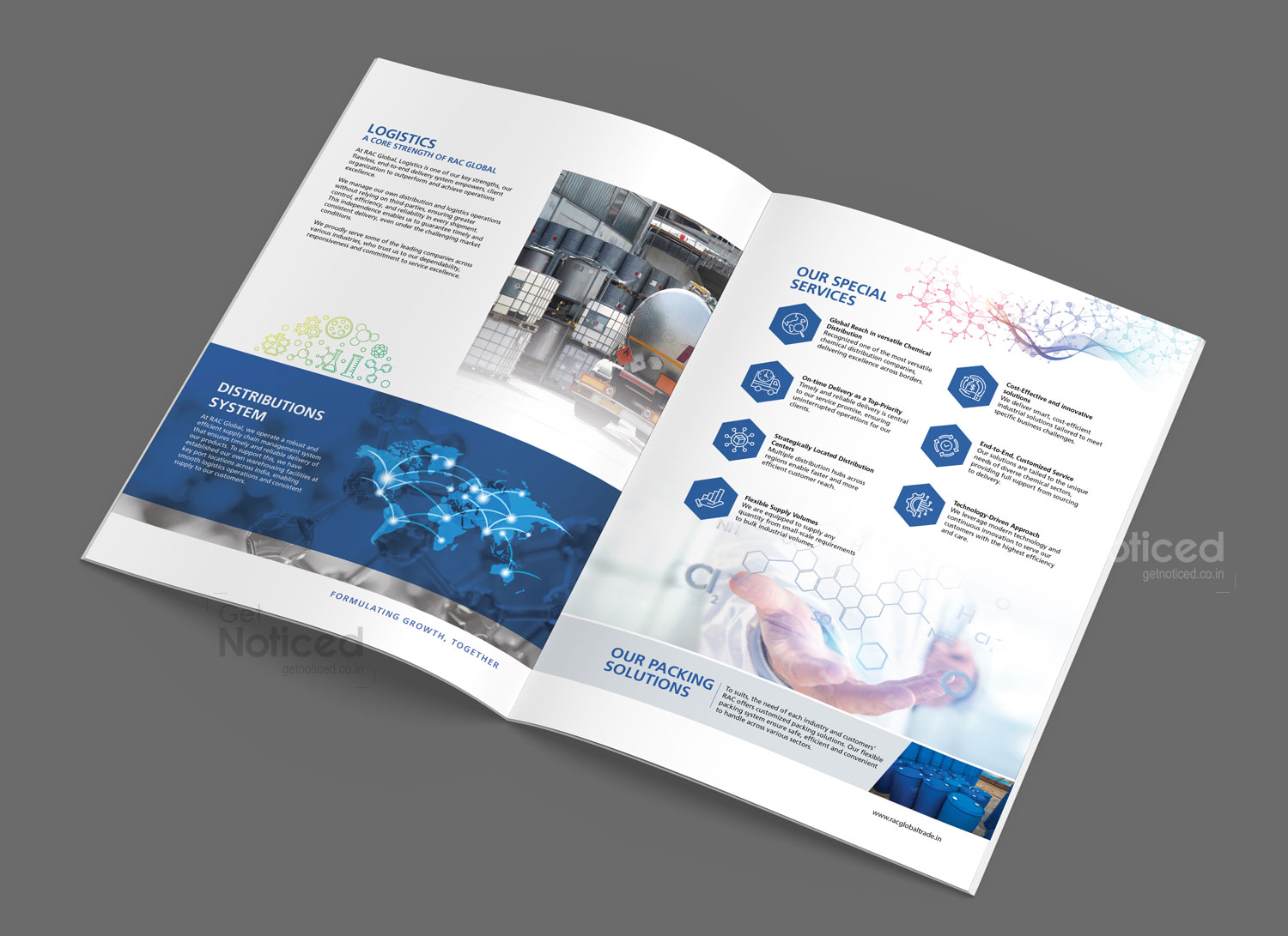 Unique brochure design for RAC Global Chemicals LLP with modern layouts and global appeal