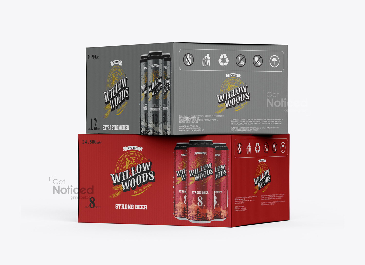 Willow Woods carton box packaging design for 24x500ml beer cans with strong branded presentation