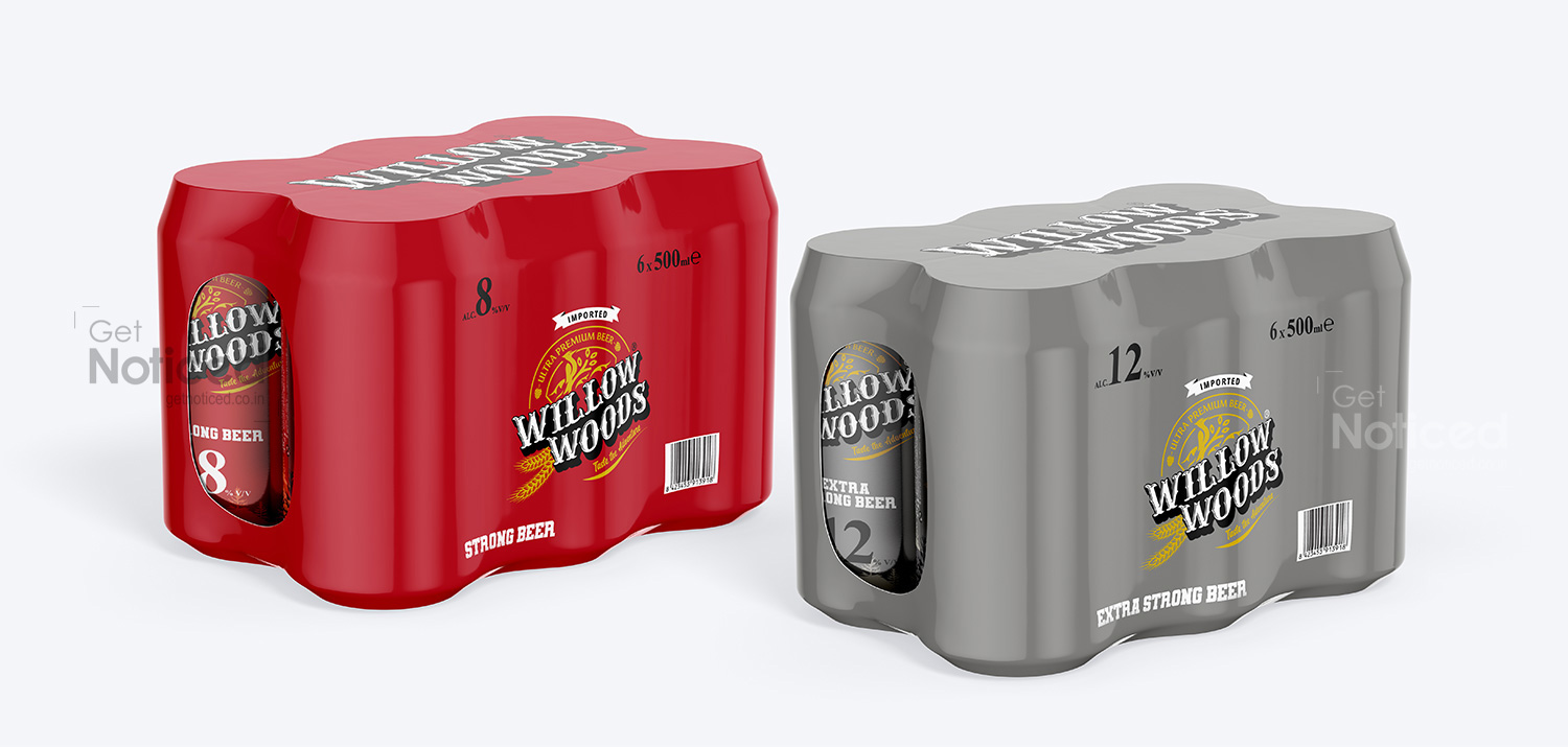 Willow Woods shrink sleeve pack design for beer cans with premium branding and bundled pack
