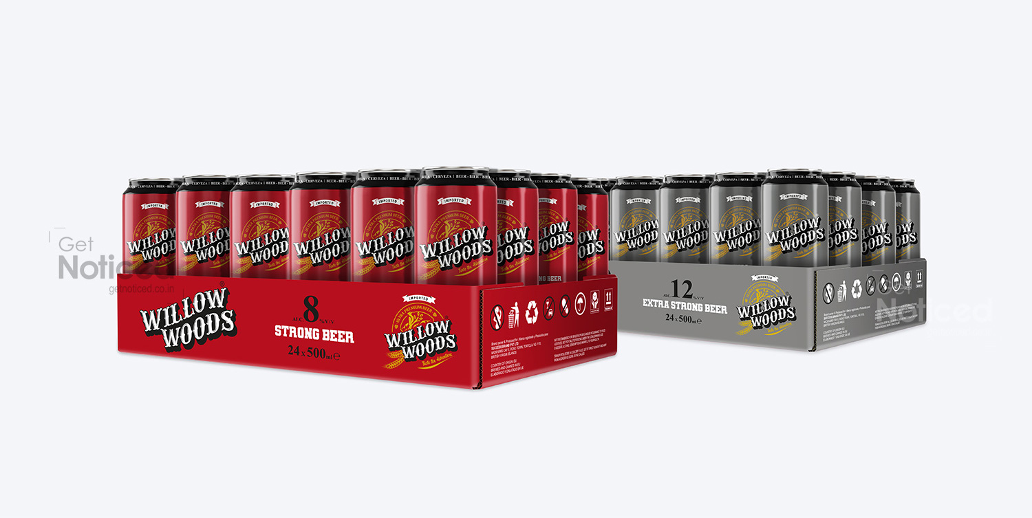 Willow Woods tray pack design for 24x500ml beer cans with premium branded transport packaging