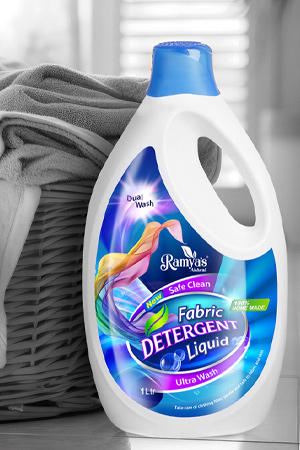 Ramya's fabric detergent bottle label packaging design